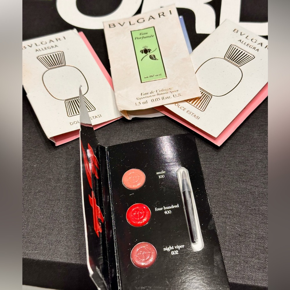 Bvlgari perfume sample sand Giorgio Armani lipstick color palette sample.